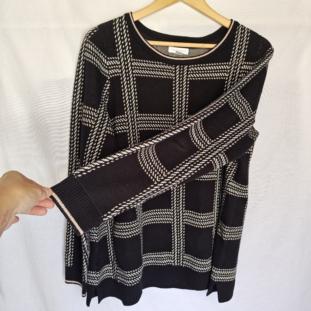 Charter Club Sweater Plaid Metallic Windowpane Black‎ White Beige 1X Crew Neck - Picture 4 of 9